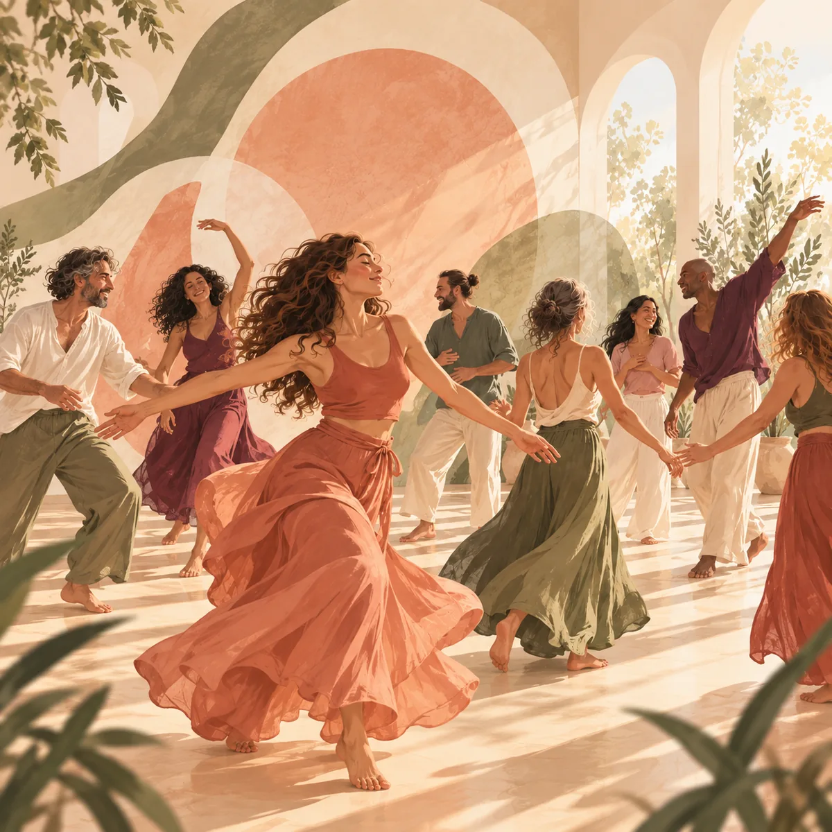 קבוצת אנשים רוקדים יחפים באולם מואר באור חם, בין עצי זית וקשתות