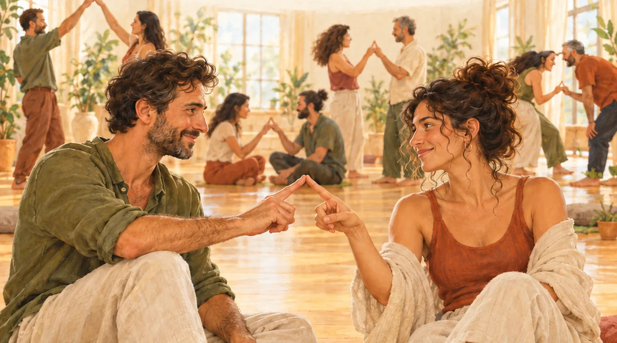 שני אנשים יושבים זה מול זה וקצות האצבעות שלהם כמעט נוגעות, ומאחוריהם עוד זוגות בחיבור