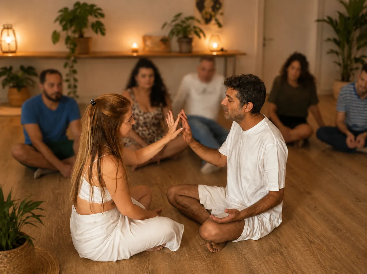 זוג בתרגיל חיבור עדין במעגל, במרחב חמים ובטוח