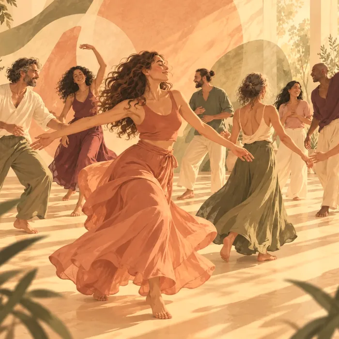 רקדנית בחצאית מתנופפת, וסביבה עוד רוקדים בחיוך