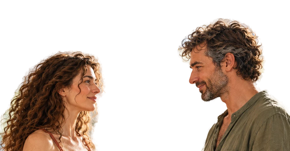 אישה וגבר מסתכלים זה על זו בחיוך