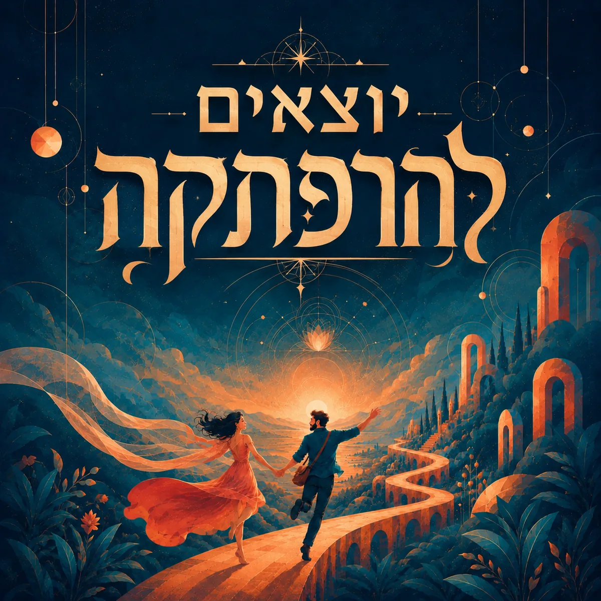 זוג יוצא יחד אל הזריחה בנוף הרפתקה קסום